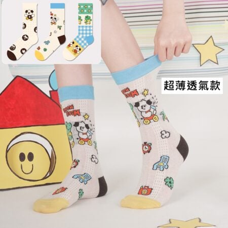 w0048 格子卡通插畫星星糖精梳棉中筒襪.棉襪.襪子