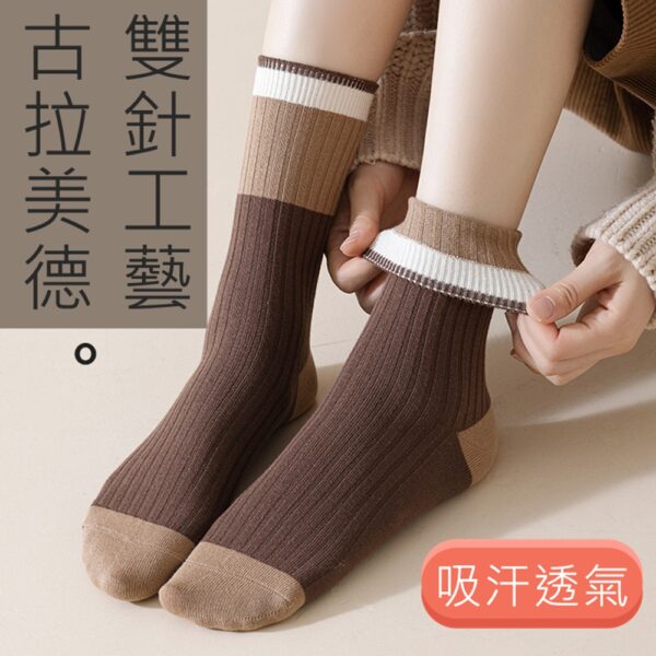 w0063 美拉德咖色條紋高筒堆堆襪.棉襪.中筒襪.襪子 - 圖片 3