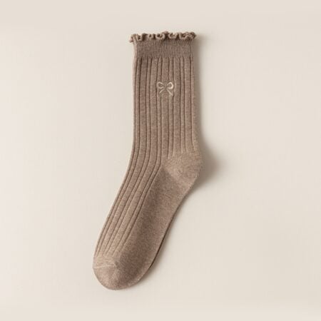 w0065 薄款刺繡蝴蝶結木耳邊堆堆棉襪.中筒襪.襪子 - W0065-咖啡色