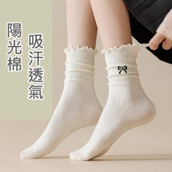 w0065 薄款刺繡蝴蝶結木耳邊堆堆棉襪.中筒襪.襪子 - 圖片 7