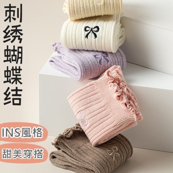 w0065 薄款刺繡蝴蝶結木耳邊堆堆棉襪.中筒襪.襪子 - 圖片 10