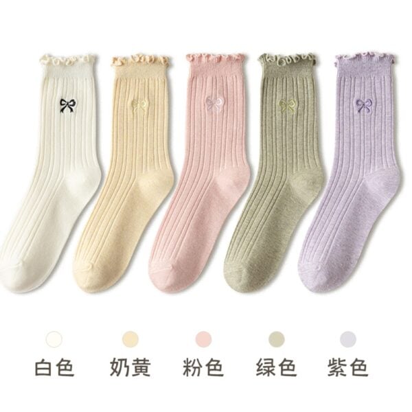 w0065 薄款刺繡蝴蝶結木耳邊堆堆棉襪.中筒襪.襪子 - 圖片 14