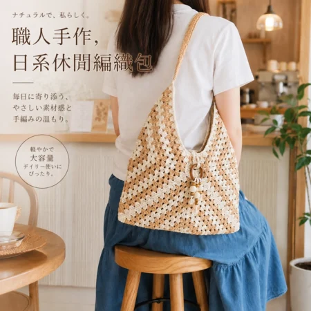 B014 中款日系編織肩背包|手作感棉繩包 度假休閒包