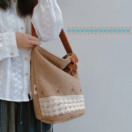 S069｜復古千鳥格蕾絲水桶肩背包｜毛絨肩帶大容量女包